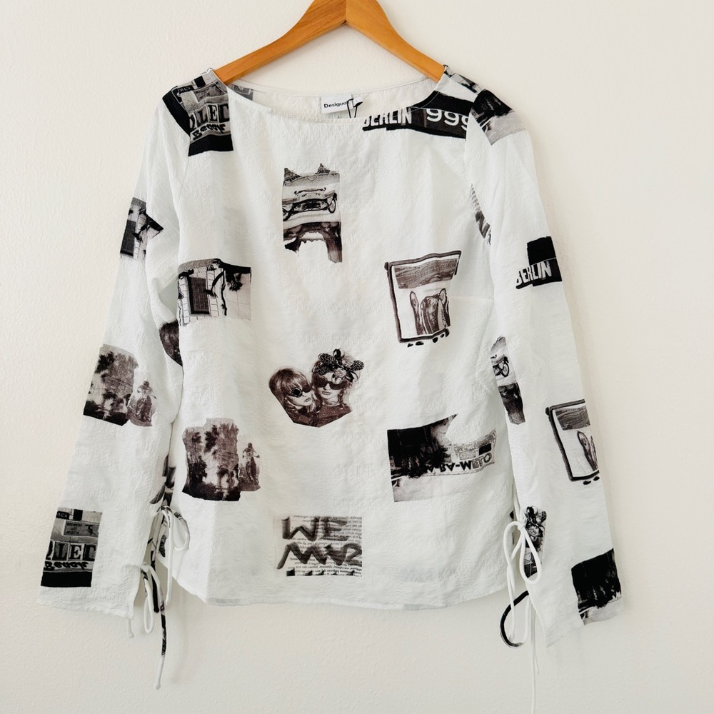 NWOT Desigual Textured Tie Sleeve White & Black Graphic Top
